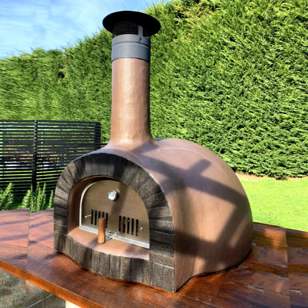 Wood-fired pizza oven on a wooden platform 