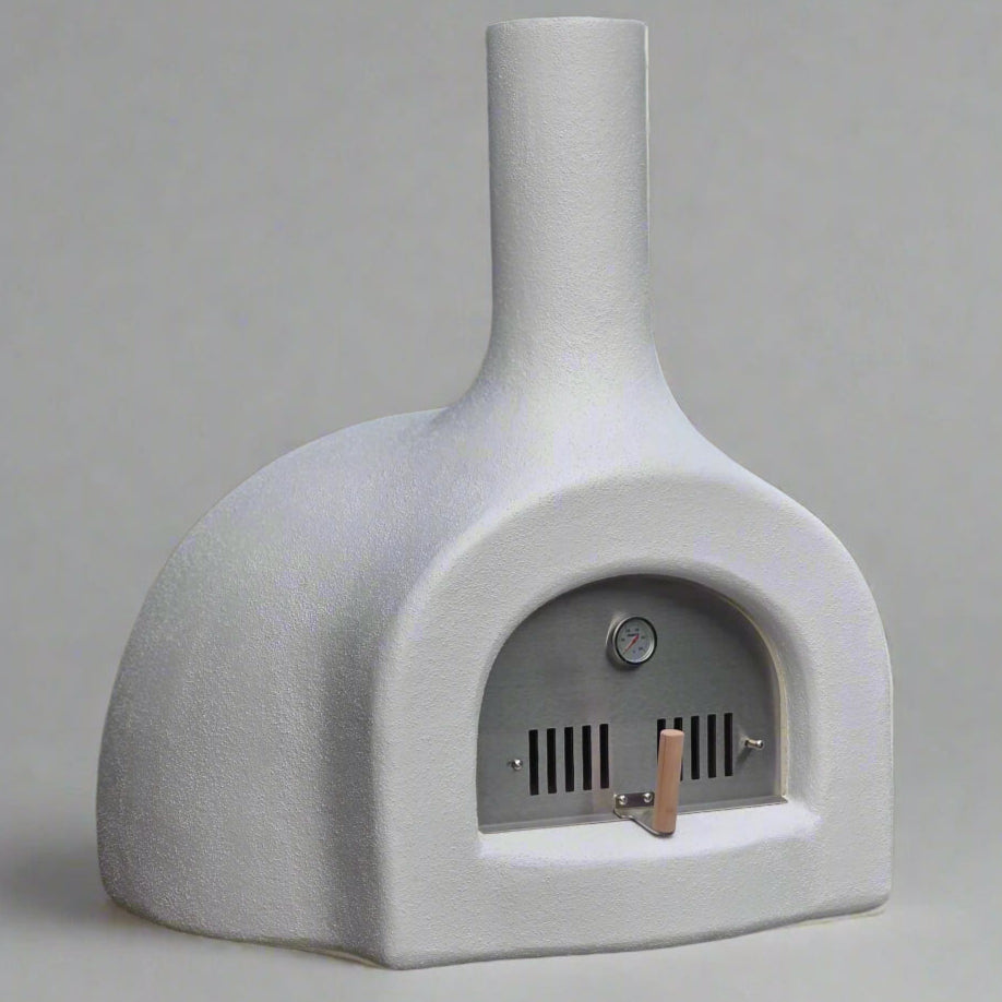 Concrete outdoor pizza oven with a gray finish on a light gray background