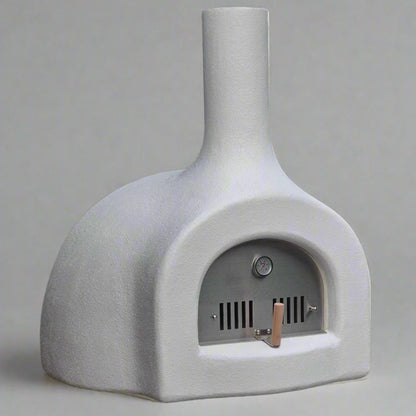 Concrete outdoor pizza oven with a gray finish on a light gray background
