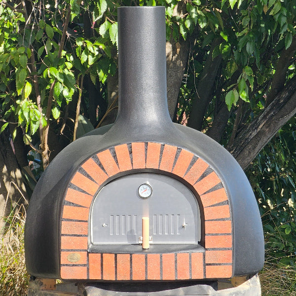 Outdoor pizza oven with brick design against a natural background