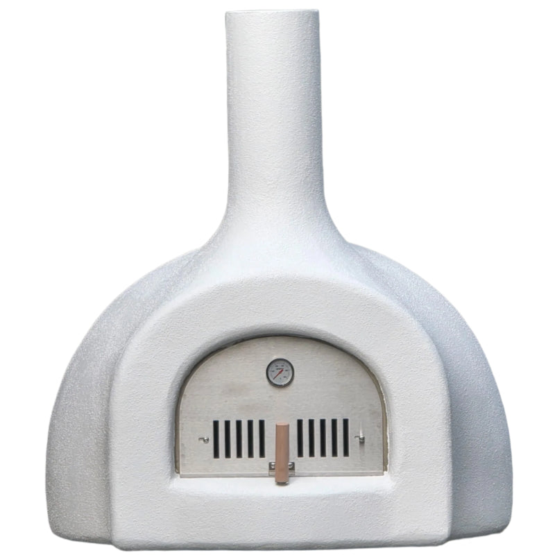 White outdoor pizza oven with a Mediterranean design on a white background