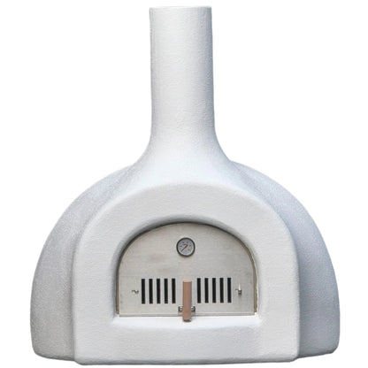 White outdoor pizza oven with a Mediterranean design on a white background