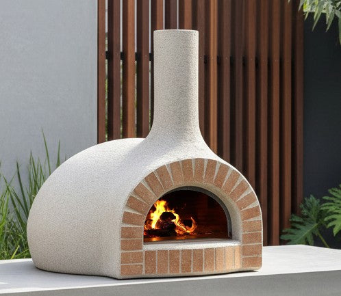 outdoor pizza oven with a  fire inside